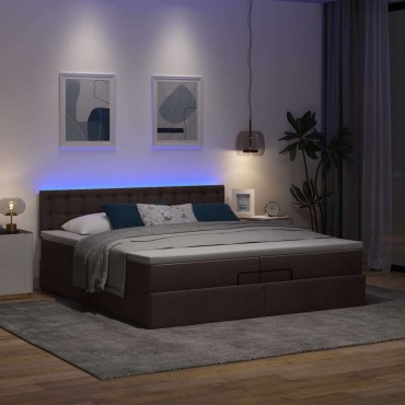 vidaXL Οθωμανικό κρεβάτι με στρώματα&LEDs Σκούρο καφέ 200x200cm ύφασμα - Διπλό