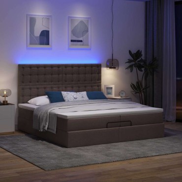 vidaXL Οθωμανικό κρεβάτι με στρώματα&LEDs Σκούρο καφέ 200x200cm ύφασμα - Διπλό