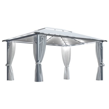 vidaXL Κιόσκι με Κουρτίνα και Φωτάκια LED Κρεμ 4 x 3 μ. Αλουμινίου