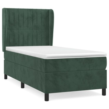 vidaXL Κρεβάτι Boxspring με Στρώμα Σκούρο Πράσινο 90x200 εκ. Βελούδινο