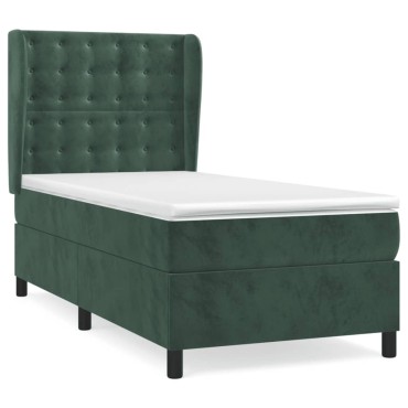 vidaXL Κρεβάτι Boxspring με Στρώμα Σκούρο Πράσινο 90x190 εκ. Βελούδινο