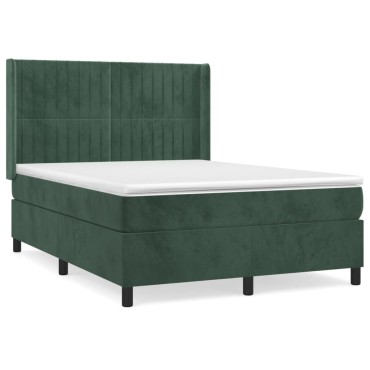 vidaXL Κρεβάτι Boxspring με Στρώμα Σκούρο Πράσινο 140x190cm Βελούδινο 1 τεμ. - Μονό