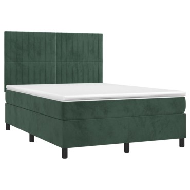 vidaXL Κρεβάτι Boxspring με Στρώμα & LED Σκ. Πράσινο 140x200εκ Βελούδο