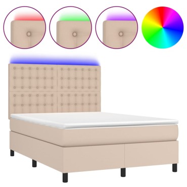 vidaXL Κρεβάτι Boxspring Στρώμα&LED Καπουτσίνο 140x190 εκ. Συνθ. Δέρμα