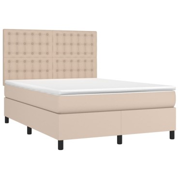 vidaXL Κρεβάτι Boxspring Στρώμα&LED Καπουτσίνο 140x190 εκ. Συνθ. Δέρμα