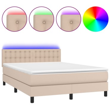 vidaXL Κρεβάτι Boxspring Στρώμα&LED Καπουτσίνο 140x190 εκ. Συνθ. Δέρμα