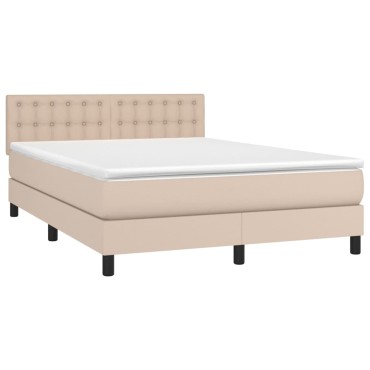 vidaXL Κρεβάτι Boxspring Στρώμα&LED Καπουτσίνο 140x190 εκ. Συνθ. Δέρμα