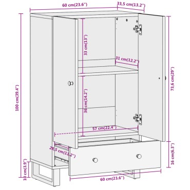 vidaXL Ντουλάπι Καφέ/Μαύρο 60x33,5x100cm από Μασίφ Ξύλο Μάνγκο 1 τεμ.