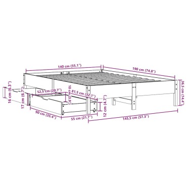 vidaXL Σκελετός Κρεβατιού Χωρίς Στρώμα 140x190cm Μασίφ Ξύλο Πεύκου 1 τεμ. - Διπλό