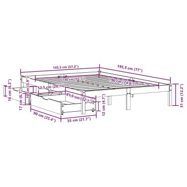 vidaXL Σκελετός Κρεβατιού Χωρίς Στρώμα 140x190cm Μασίφ Ξύλο Πεύκου 1 τεμ. - Μονό