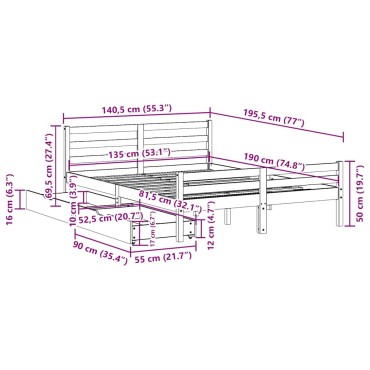 vidaXL Σκελετός Κρεβατιού Χωρίς Στρώμα 135x190 εκ Μασίφ Ξύλο Πεύκου