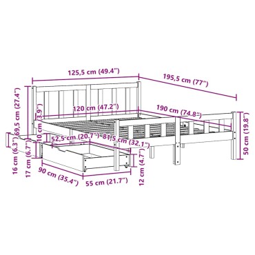 vidaXL Σκελετός Κρεβατιού Χωρίς Στρώμα 120x190 εκ Μασίφ Ξύλο Πεύκου
