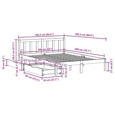 vidaXL Σκελετός Κρεβατιού Χωρίς Στρώμα 160x200cm Μασίφ Ξύλο Πεύκου 1 τεμ. - Διπλό