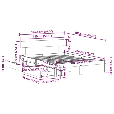 vidaXL Σκελετός Κρεβατιού Χωρίς Στρώμα 140x200cm Μασίφ Ξύλο Πεύκου 1 τεμ. - Διπλό