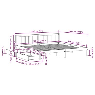 vidaXL Σκελετός Κρεβατιού Χωρίς Στρώμα 180x200cm Μασίφ Ξύλο Πεύκου 1 τεμ. - Διπλό