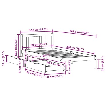 vidaXL Σκελετός Κρεβατιού Χωρίς Στρώμα 90x200cm Μασίφ Ξύλο Πεύκου 1 τεμ. - Μονό