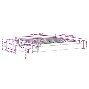 vidaXL Σκελετός Κρεβατιού Χωρίς Στρώμα 180x200cm Μασίφ Ξύλο Πεύκου 1 τεμ. - Διπλό
