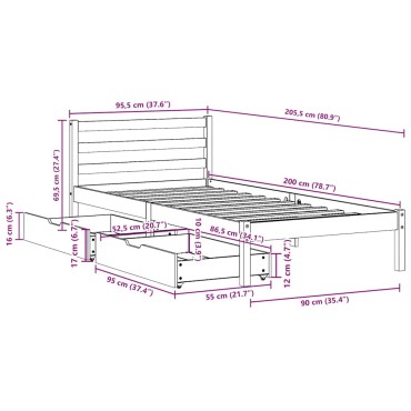 vidaXL Σκελετός Κρεβατιού Χωρίς Στρώμα 90x200cm Μασίφ Ξύλο Πεύκου 1 τεμ. - Μονό