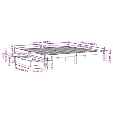 vidaXL Σκελετός Κρεβατιού Χωρίς Στρώμα 200x200cm Μασίφ Ξύλο Πεύκου 1 τεμ. - Διπλό