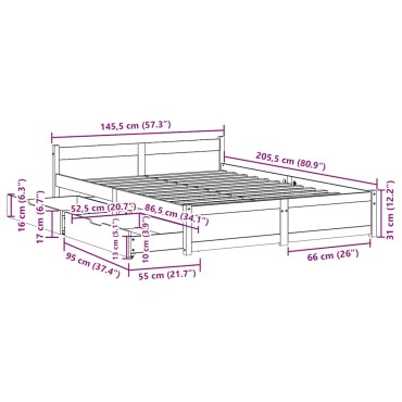 vidaXL Σκελετός Κρεβατιού Χωρίς Στρώμα 140x200cm Μασίφ Ξύλο Πεύκου 1 τεμ. - Διπλό
