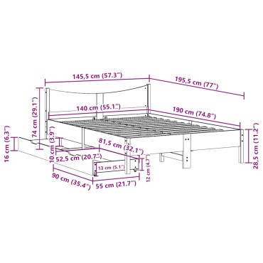vidaXL Πλαίσιο Κρεβατιού Συρτάρια Λευκό 140x190 εκ. Μασίφ Ξύλο Πεύκου