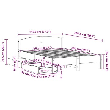 vidaXL Σκελετός Κρεβ. Χωρίς Στρώμα Λευκό 140x200cm Μασίφ Πεύκο 1 τεμ. - Διπλό