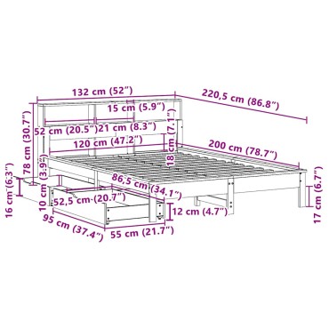 vidaXL Κρεβάτι Βιβλιοθήκη Χωρίς Στρώμα 120x200 εκ Μασίφ Ξύλο Πεύκο