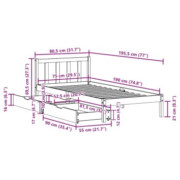 vidaXL Σκελετός Κρεβ. Χωρίς Στρώμα Λευκό 75x190cm Μασίφ Πεύκο 1 τεμ. - Μονό