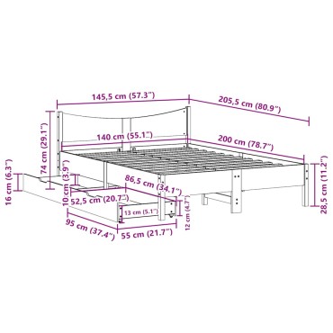vidaXL Πλαίσιο Κρεβατιού Συρτάρια Λευκό 140x200 εκ. Μασίφ Ξύλο Πεύκου