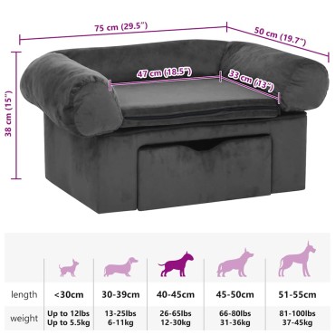 vidaXL Καναπές Σκύλου με Συρτάρι Σκούρο Γκρι 75 x 50 x 38 εκ. Βελουτέ