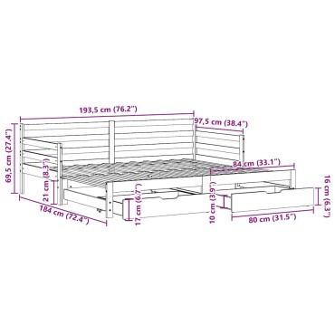 vidaXL Καναπές Κρεβάτι Συρόμενος Χωρίς Στρώμα 90x190cm & Συρτάρια 1 τεμ. - Μονό