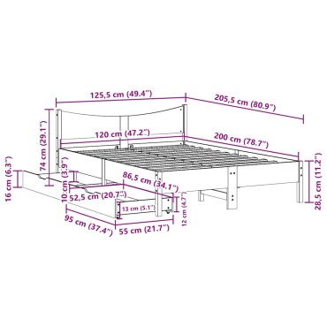 vidaXL Πλαίσιο Κρεβατιού Συρτάρια Λευκό 120x200 εκ. Μασίφ Ξύλο Πεύκου