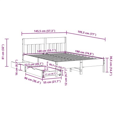 vidaXL Σκελετός Κρεβ. Χωρίς Στρώμα Λευκό 140x190cm Μασίφ Πεύκο 1 τεμ. - Διπλό