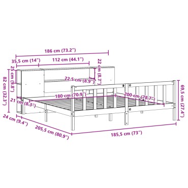 vidaXL Κρεβάτι Βιβλιοθήκη Χωρίς Στρώμα 180x200 εκ Μασίφ Ξύλο Πεύκου