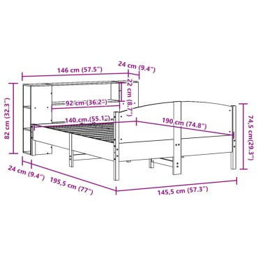 vidaXL Κρεβάτι Βιβλιοθήκη Χωρίς Στρώμα 140x190 εκ Μασίφ Ξύλο Πεύκου