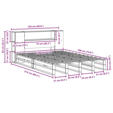vidaXL Κρεβάτι Βιβλιοθήκη Χωρίς Στρώμα Λευκό 120x190 εκ Μασίφ Πεύκο