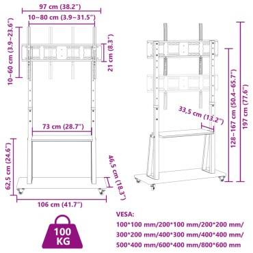 vidaXL Βάση Τηλεόρασης με Τροχούς 32-90Ιν. Max VESA 800x600χιλ. 100κ.