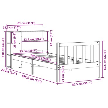 vidaXL Κρεβάτι Βιβλιοθήκη Χωρίς Στρώμα Λευκό 75x190 εκ Μασίφ Πεύκο