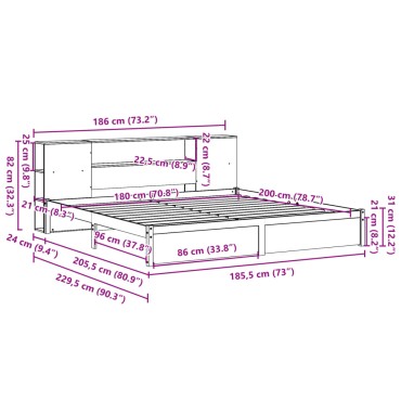 vidaXL Κρεβάτι Βιβλιοθήκη Χωρίς Στρώμα 180x200 εκ Μασίφ Ξύλο Πεύκου