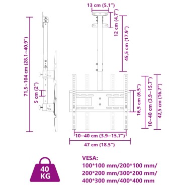 vidaXL Βάση Τηλεόρασης Οροφής για 32-65Ιν Max VESA 400x400χιλ. 40κ.