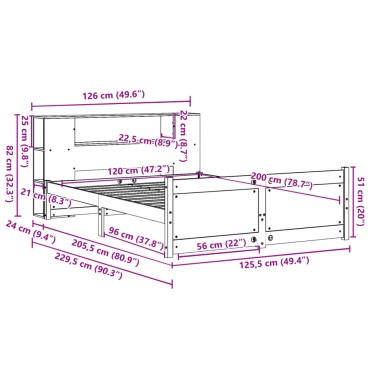 vidaXL Κρεβάτι Βιβλιοθήκη Χωρίς Στρώμα 120x200cm Μασίφ Ξύλο Πεύκο 1 τεμ. - Μονό