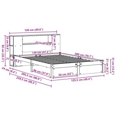 vidaXL Κρεβάτι Βιβλιοθήκη Χωρίς Στρώμα 120x200 εκ Μασίφ Ξύλο Πεύκο