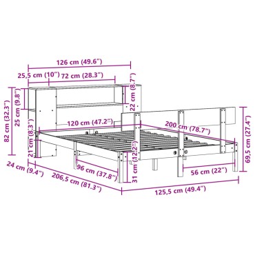 vidaXL Κρεβάτι Βιβλιοθήκη Χωρίς Στρώμα 120x200 εκ Μασίφ Ξύλο Πεύκο