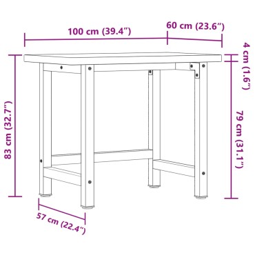 vidaXL Πάγκος Εργασίας Ορθογώνιος 100x60x83 εκ. από Μασίφ Ξύλο Δρυός