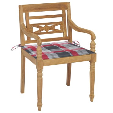 vidaXL Καρέκλες Batavia 2 τεμ. από Ξύλο Teak & Κόκκινα Καρό Μαξιλάρια 55x51,5x84cm