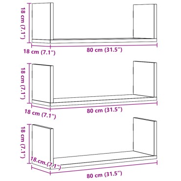vidaXL Ραφιέρες Τοίχου 3 τεμ. Αρτισιανή Δρυς 80x18x18cm Επεξ. Ξύλο