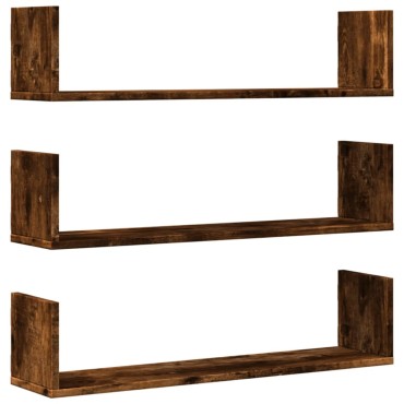 vidaXL Ράφια Τοίχου 3 τεμ. Καπνιστή Δρυς 80x18x18cm Επεξεργ. Ξύλο