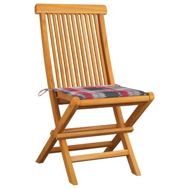 vidaXL Καρέκλες Κήπου 2 τεμ. Μασίφ Ξύλο Teak με Κόκκινα Καρό Μαξιλάρια 47x60x89cm