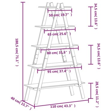 vidaXL Ραφιέρα 5 Επιπέδων Σχήμα Α 110x40x180,5cm Μασίφ Ξύλο Πεύκου 1 τεμ.