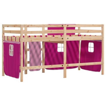 vidaXL Υπερυψ. Κρεβάτι με Κουρτίνες Ροζ 90x190cm Μασίφ Ξύλο Πεύκου 1 τεμ. - Μονό